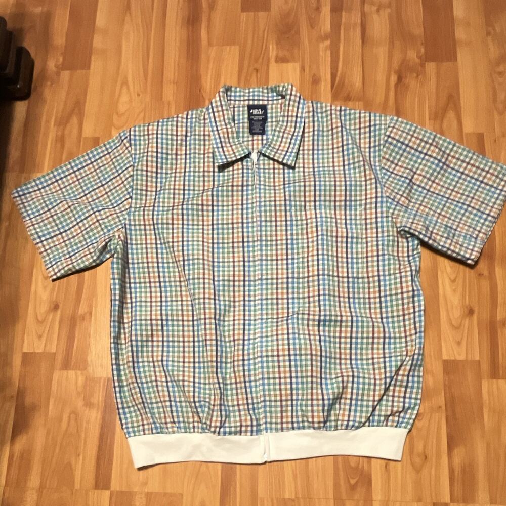 John Blair Men's L Multicolor Plaid Woven Poly Rayon Vintage Shirt SS YKK Zip-Up